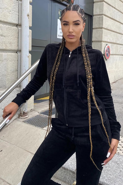 Elevate Your Style with Our Women's Luxurious Velour Hooded Tracksuit: Chic Two-Piece Jogging Set with Pockets in Classic Black - Size S