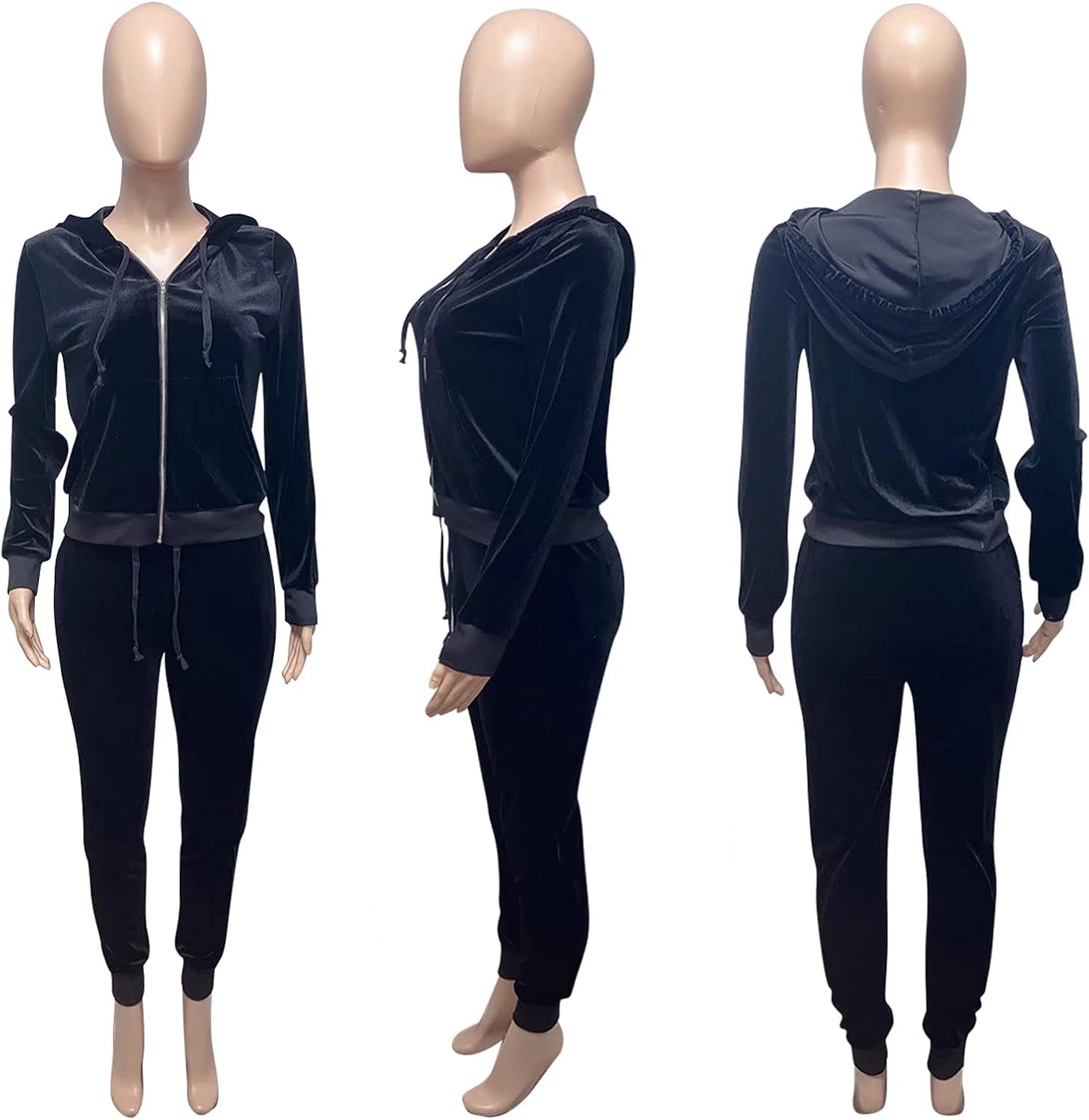 Elevate Your Style with Our Women's Luxurious Velour Hooded Tracksuit: Chic Two-Piece Jogging Set with Pockets in Classic Black - Size S